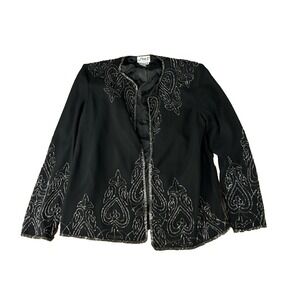 VTG JMD NY Beaded Blazer Jacket Black Silver Paisley Open Front Med Grunge Glam